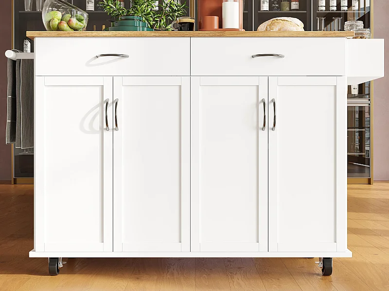 Zentrale Kücheninsel - Rollwagen mit ausziehbarem Tablett - 2 Schubladen und 4 Türen - Weiß