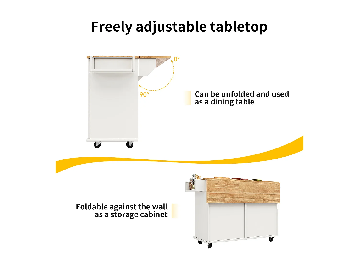 Ilot central de cuisine - chariot à roulette avec plateau extensible - 2 tiroirs et 4 portes - Blanc