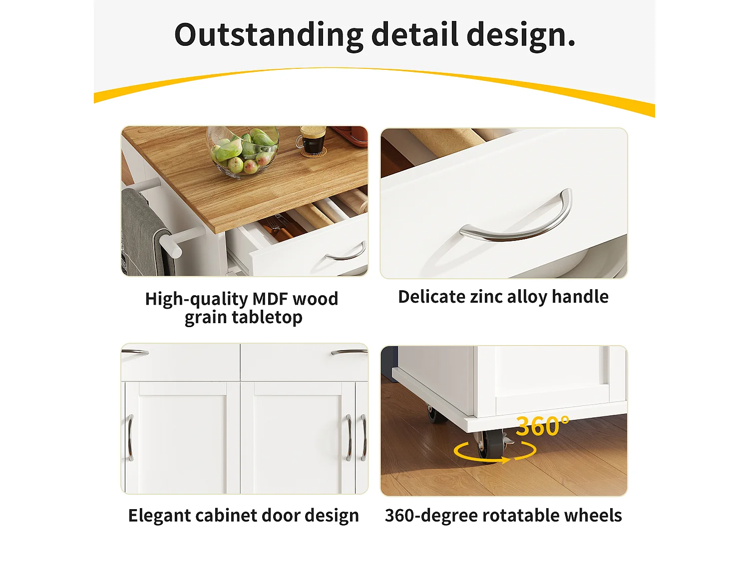 Ilot central de cuisine - chariot à roulette avec plateau extensible - 2 tiroirs et 4 portes - Blanc