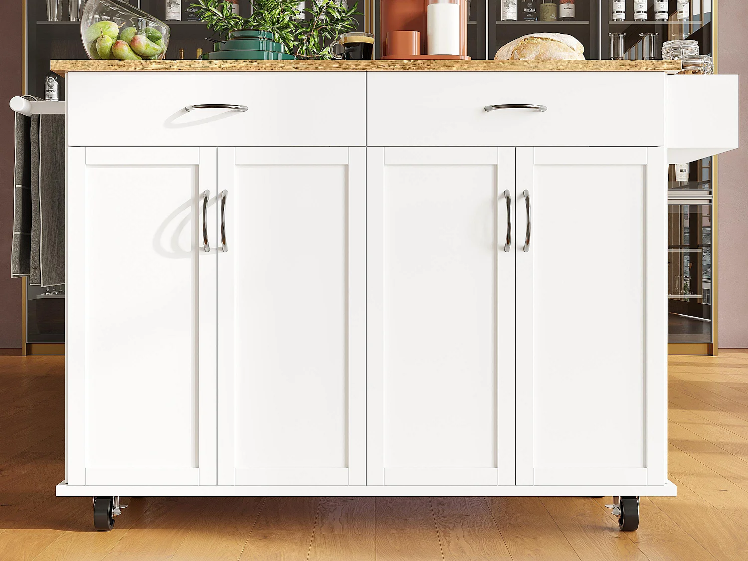 Ilot central de cuisine - chariot à roulette avec plateau extensible - 2 tiroirs et 4 portes - Blanc