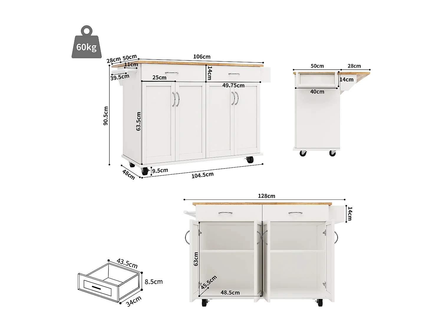 Ilot central de cuisine - chariot à roulette avec plateau extensible - 2 tiroirs et 4 portes - Blanc