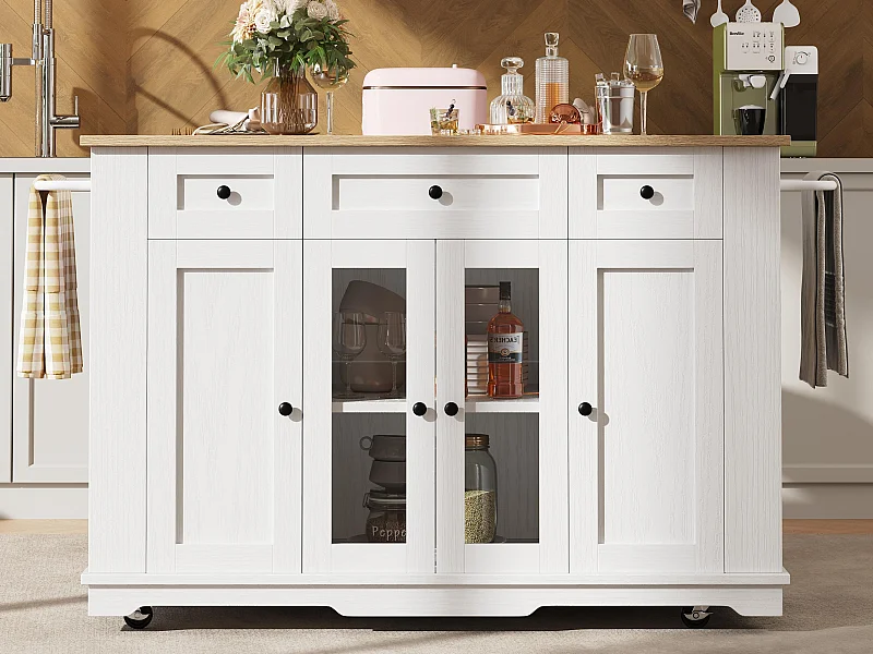 Zentrale Kücheninsel - Rollwagen mit ausziehbarem Tablett - 3 Schubladen und 6 Regale - Weiß