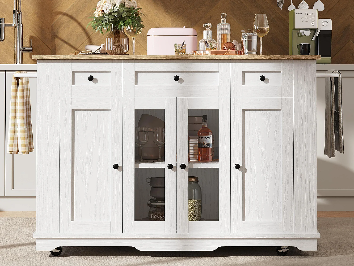 Isla central de cocina - carrito con ruedas y plancha extensible - 3 cajones y 6 estantes - Blanco