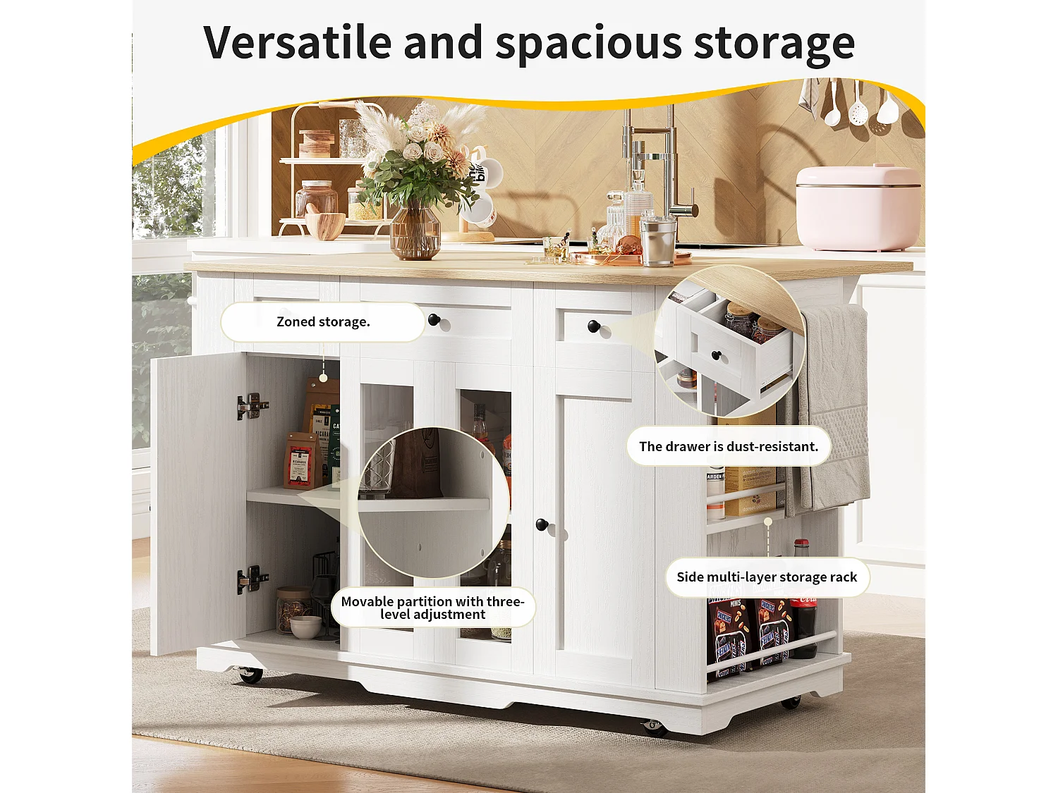 Isla central de cocina - carrito con ruedas y plancha extensible - 3 cajones y 6 estantes - Blanco