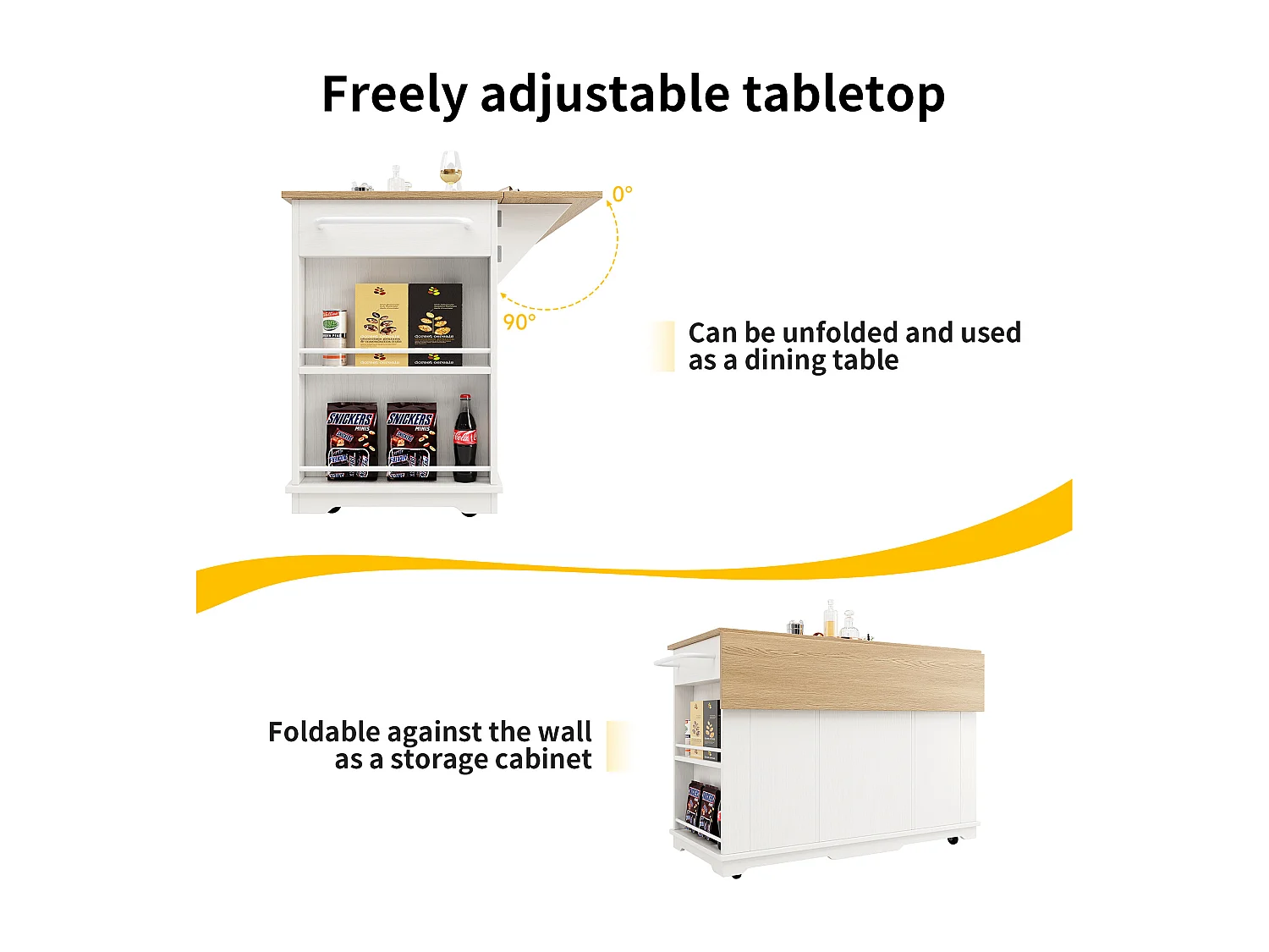 Isla central de cocina - carrito con ruedas y plancha extensible - 3 cajones y 6 estantes - Blanco