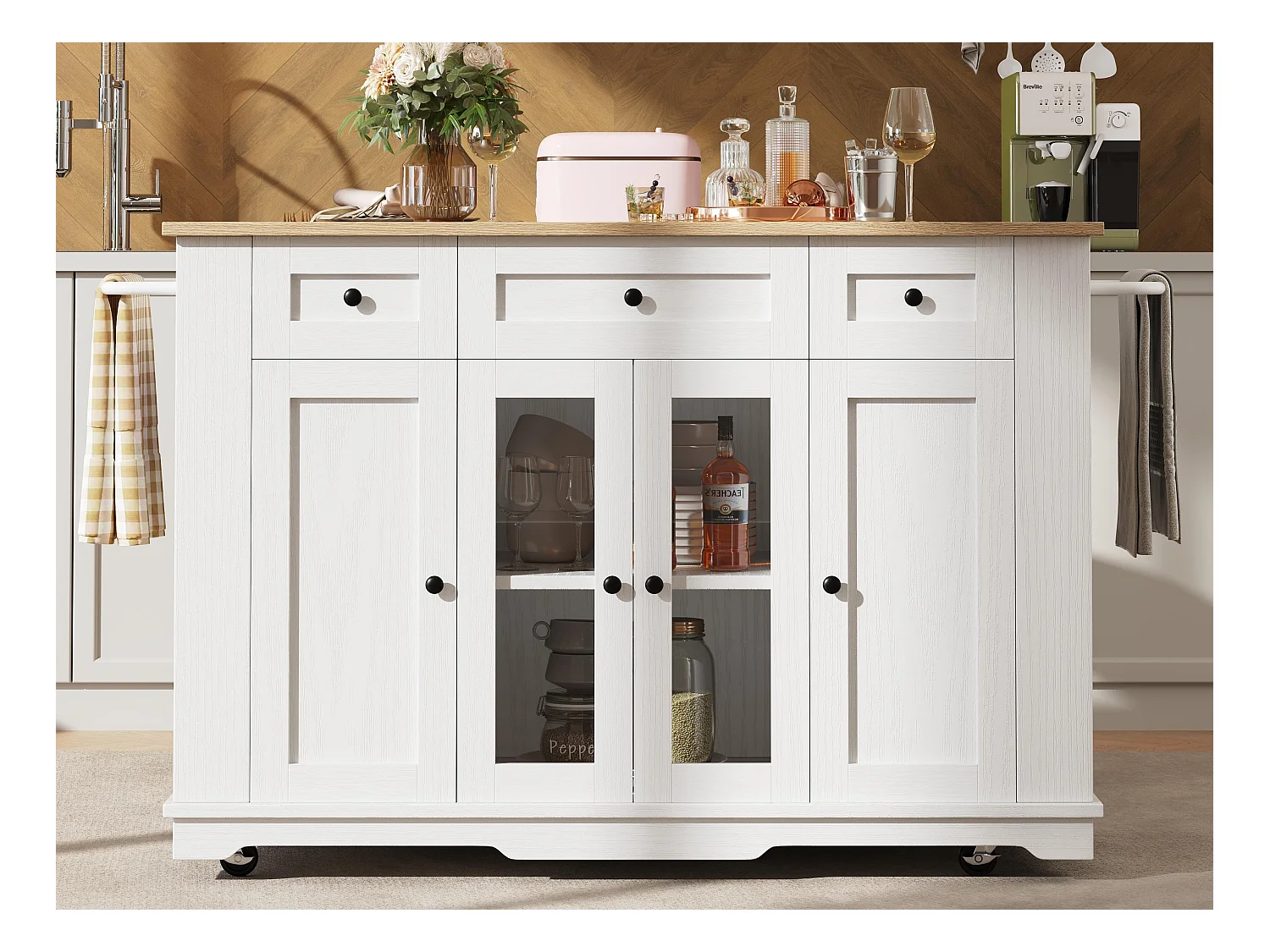 Ilot central de cuisine - chariot à roulette avec plateau extensible - 3 tiroirs et 6 étagères - Blanc