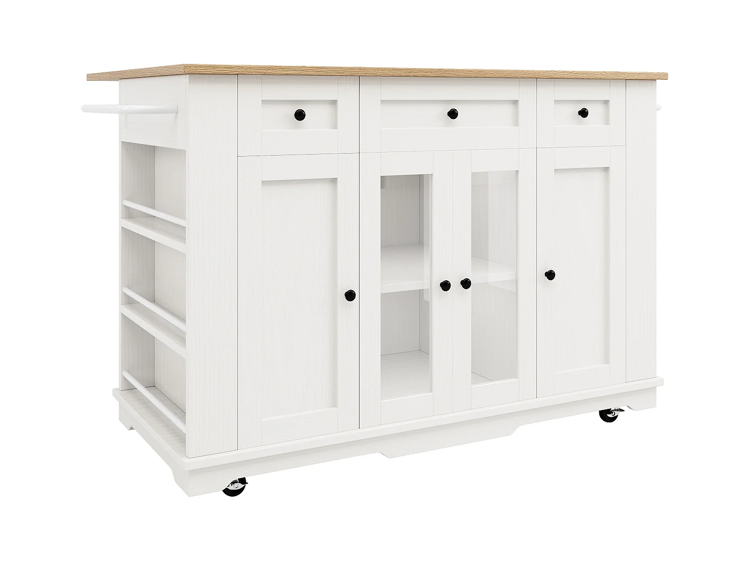 Ilot central de cuisine - chariot à roulette avec plateau extensible - 3 tiroirs et 6 étagères - Blanc