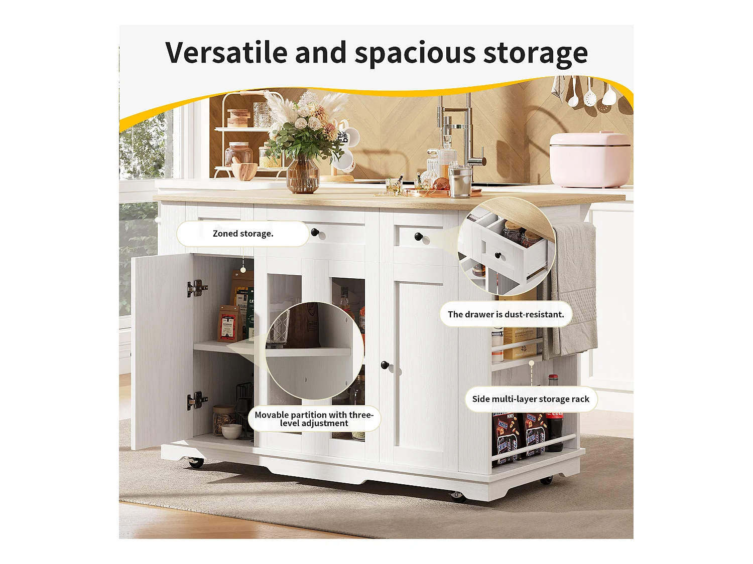 Ilot central de cuisine - chariot à roulette avec plateau extensible - 3 tiroirs et 6 étagères - Blanc