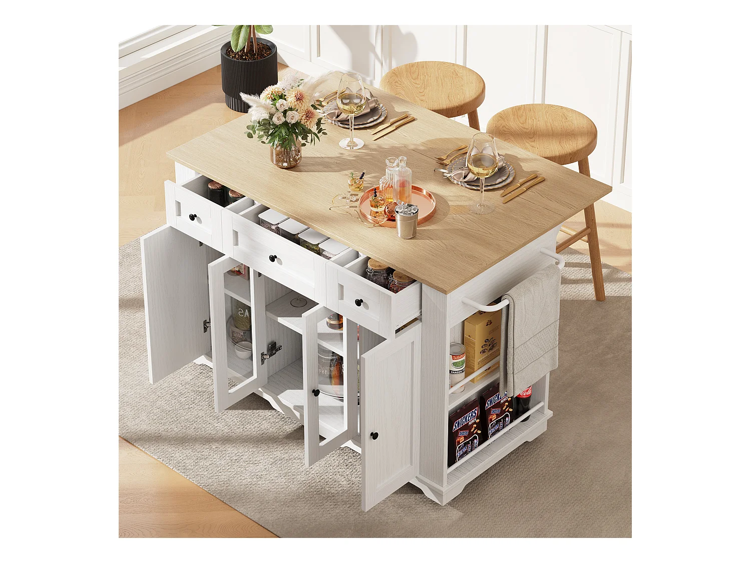 Ilot central de cuisine - chariot à roulette avec plateau extensible - 3 tiroirs et 6 étagères - Blanc