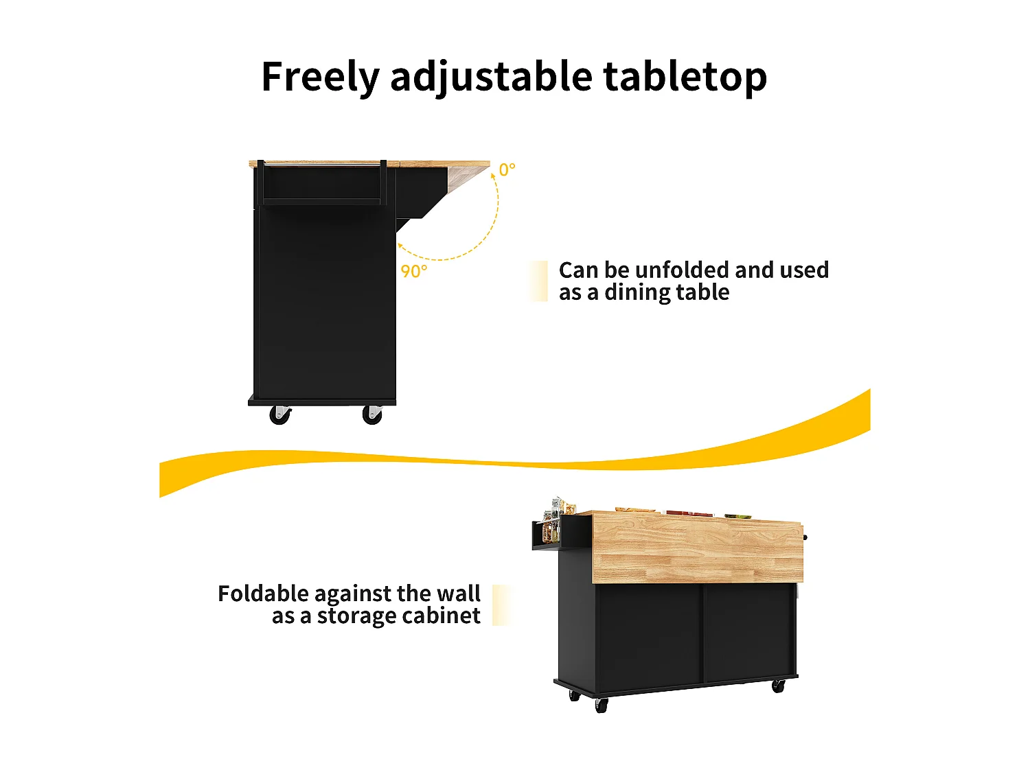 Ilot central de cuisine - chariot à roulette avec plateau extensible - 2 tiroirs et 4 portes - Noir