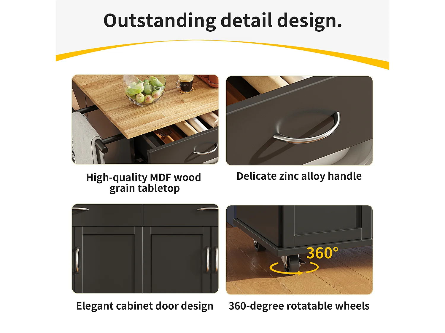 Ilot central de cuisine - chariot à roulette avec plateau extensible - 2 tiroirs et 4 portes - Noir