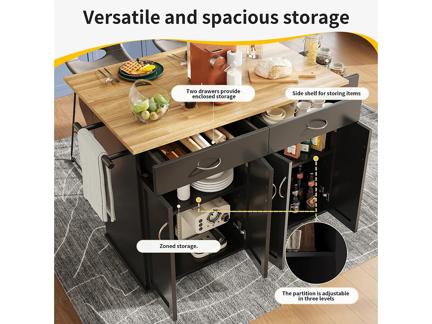 Ilot central de cuisine - chariot à roulette avec plateau extensible - 2 tiroirs et 4 portes - Noir