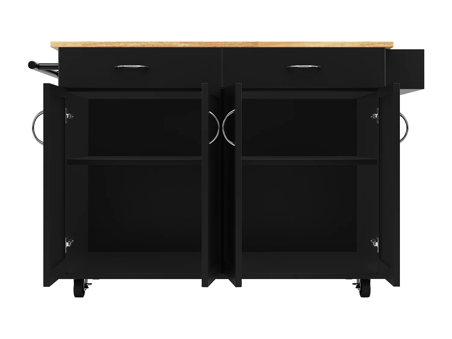 Ilot central de cuisine - chariot à roulette avec plateau extensible - 2 tiroirs et 4 portes - Noir