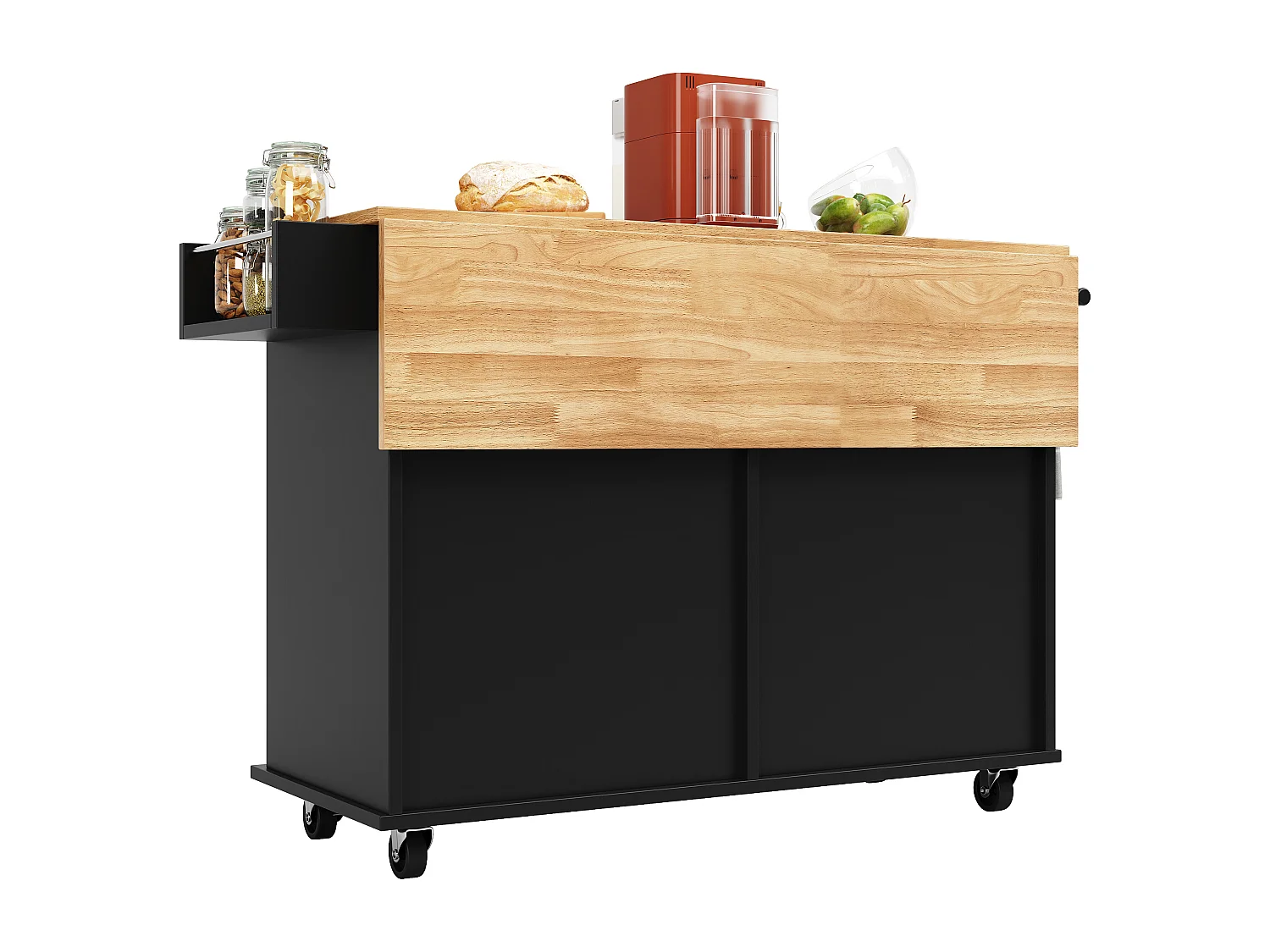 Ilot central de cuisine - chariot à roulette avec plateau extensible - 2 tiroirs et 4 portes - Noir