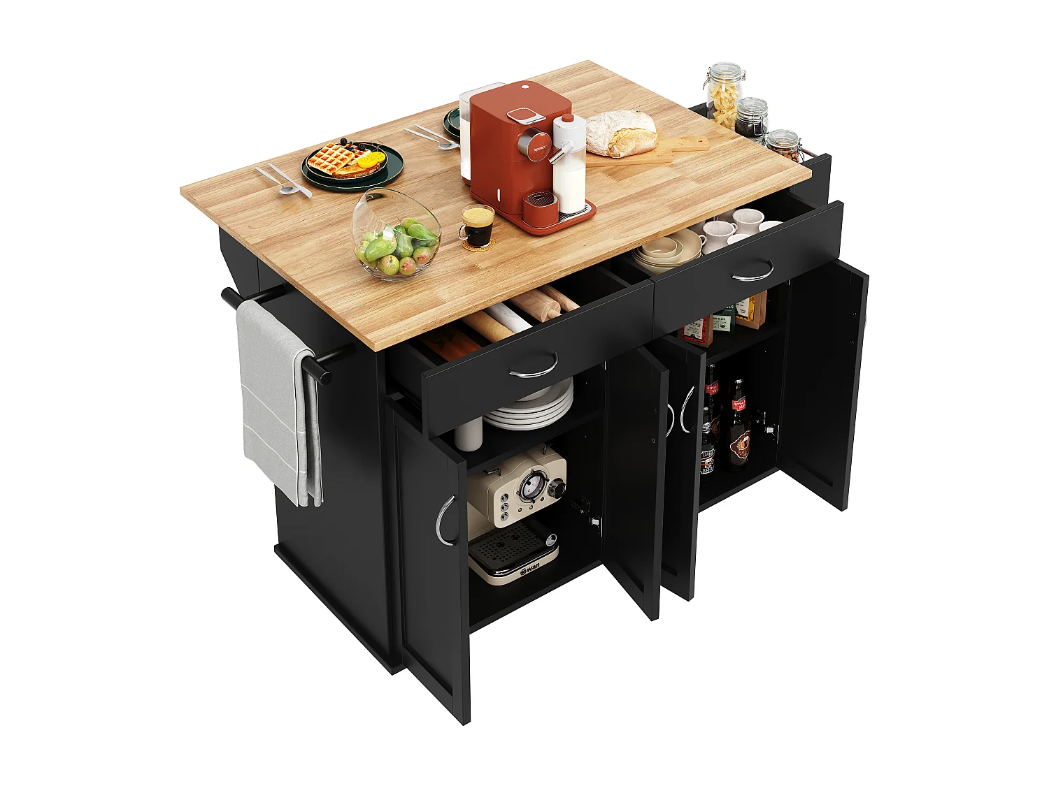 Ilot central de cuisine - chariot à roulette avec plateau extensible - 2 tiroirs et 4 portes - Noir