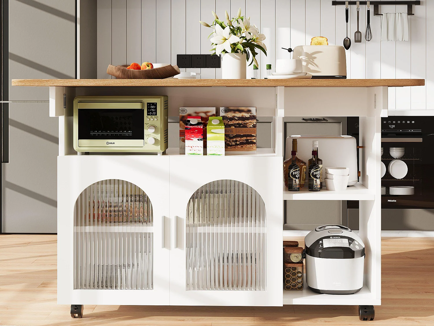 Ilot central de cuisine - chariot à roulette avec plateau extensible - 2 portes et 3 compartiments ouverts - Blanc