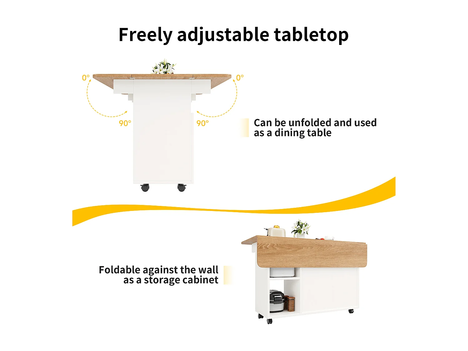 Ilot central de cuisine - chariot à roulette avec plateau extensible - 2 portes et 3 compartiments ouverts - Blanc