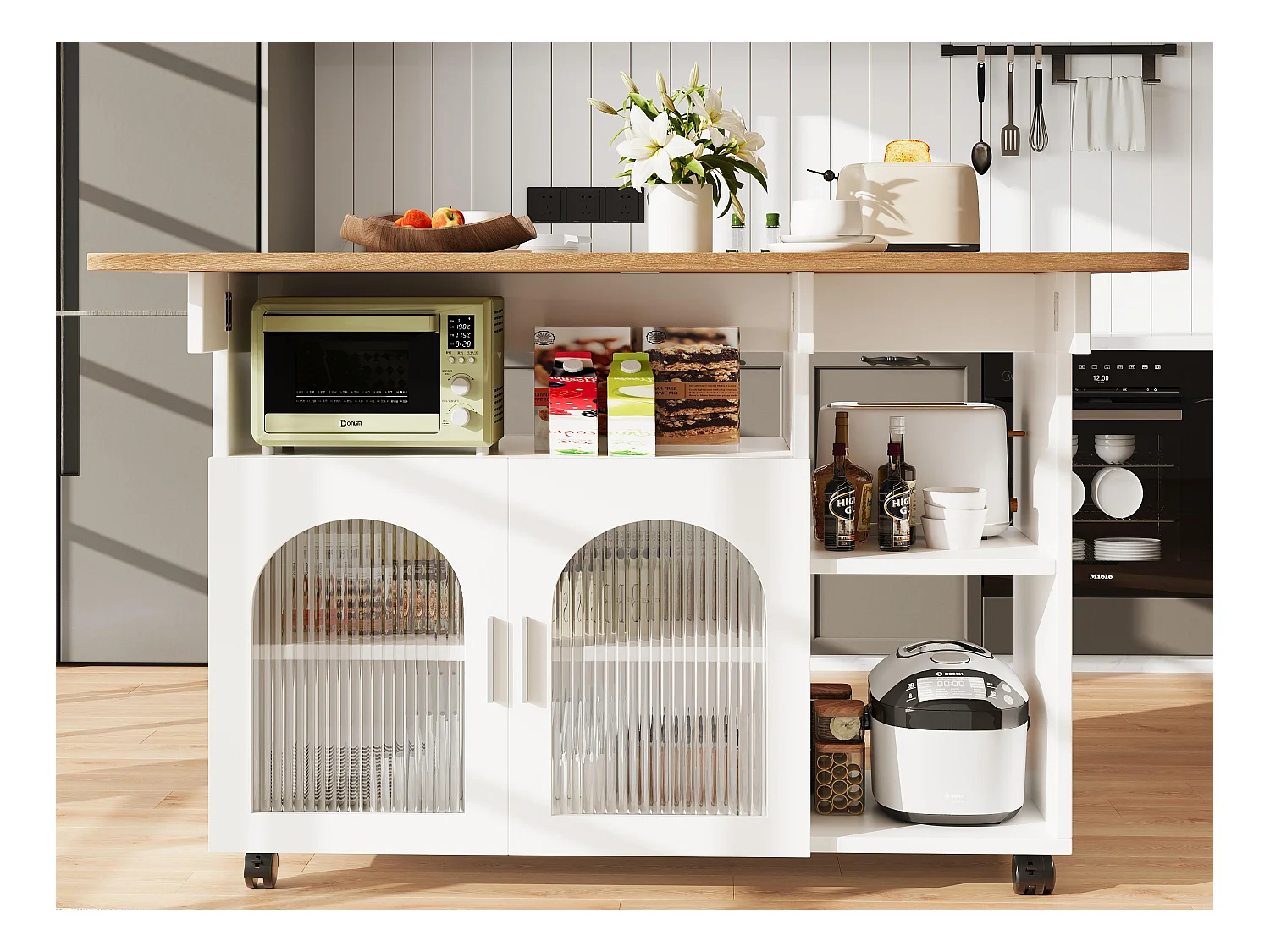 Ilot central de cuisine - chariot à roulette avec plateau extensible - 2 portes et 3 compartiments ouverts - Blanc