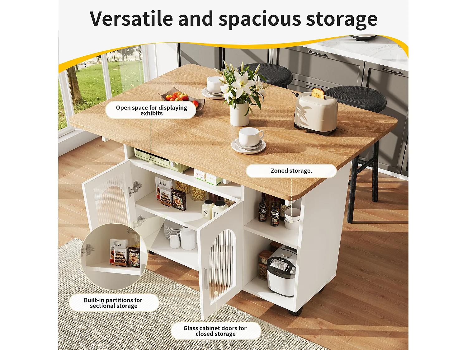 Ilot central de cuisine - chariot à roulette avec plateau extensible - 2 portes et 3 compartiments ouverts - Blanc
