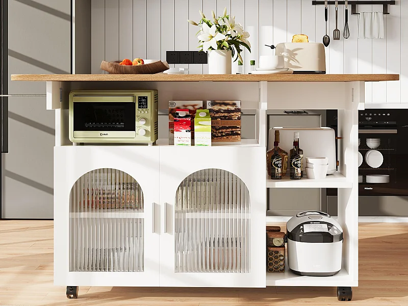 Ilot central de cuisine - chariot à roulette avec plateau extensible - 2 portes et 3 compartiments ouverts - Blanc