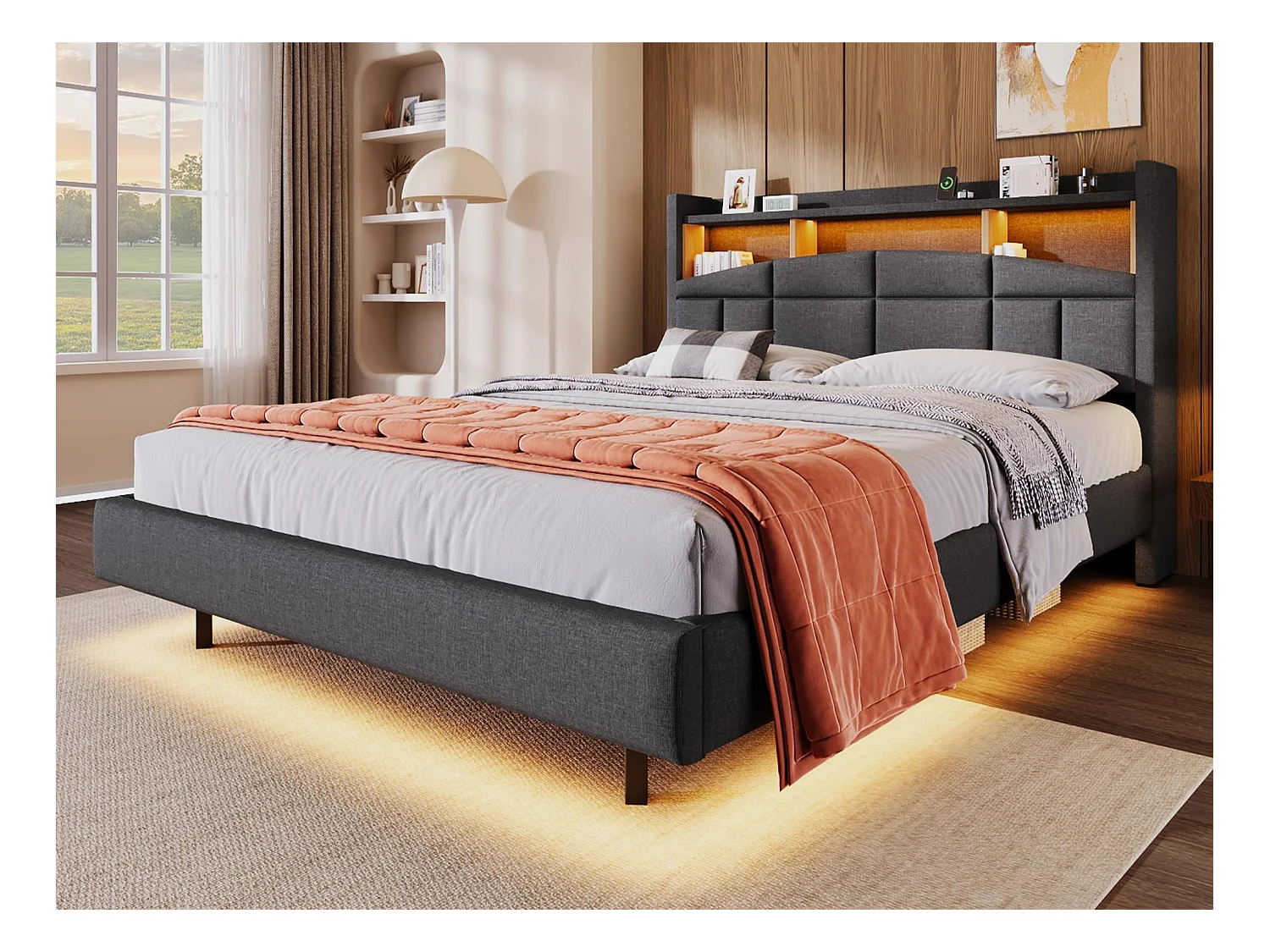 Cama tapizada en lino - 140x200 cm - cabecero con estante y LED y enchufes - Gris