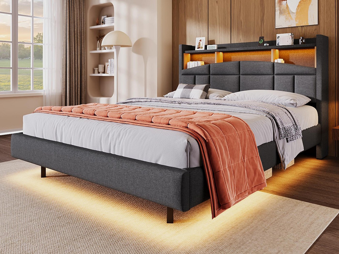 Letto imbottito in lino - 140x200 cm - testiera con ripiano e LED e ...