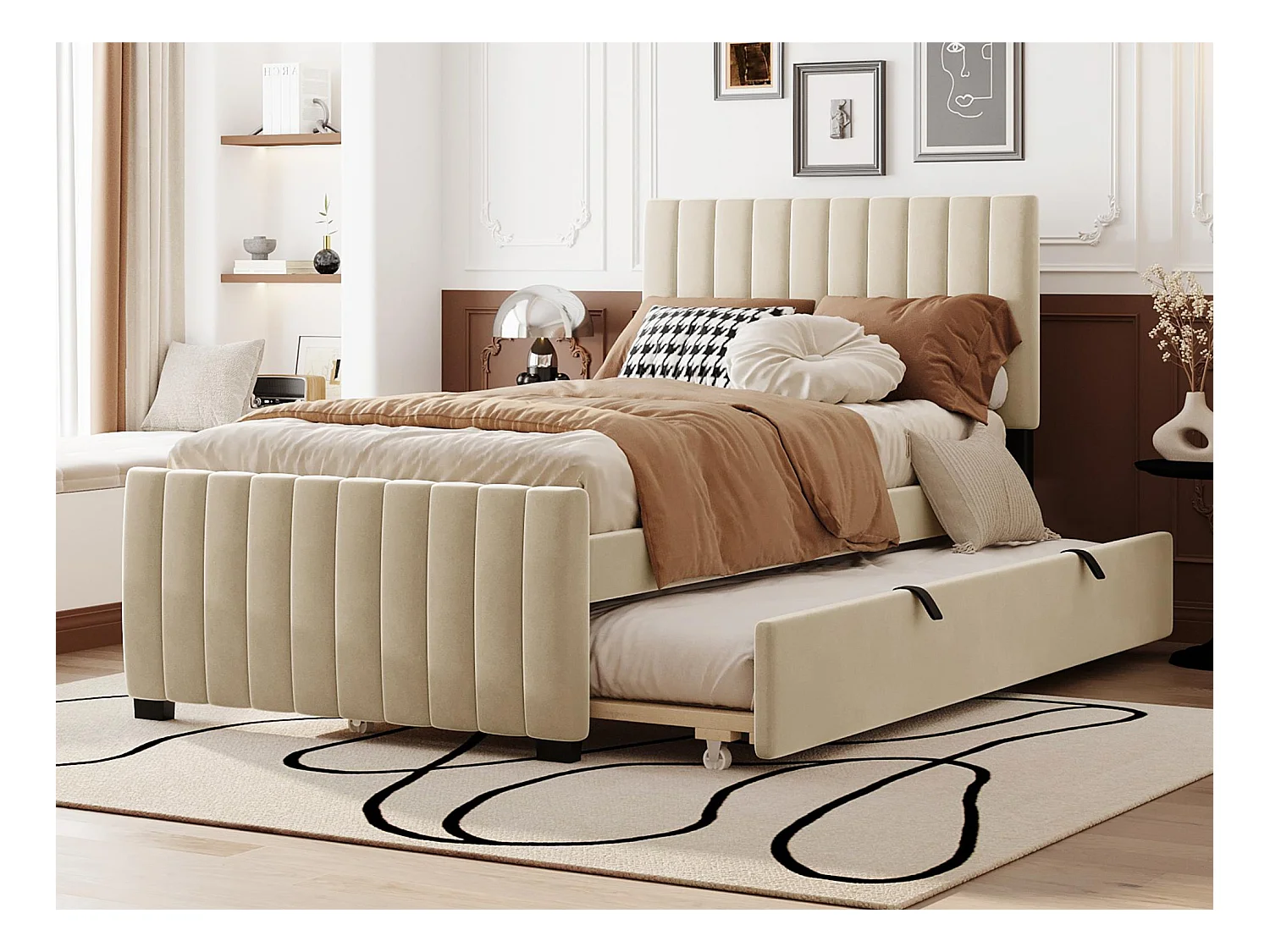 Lit rembourré 90x190cm en velours - avec lit gigogne 90x190cm - Beige