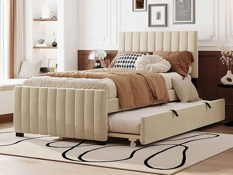 Lit rembourré 90x190cm en velours - avec lit gigogne 90x190cm - Beige