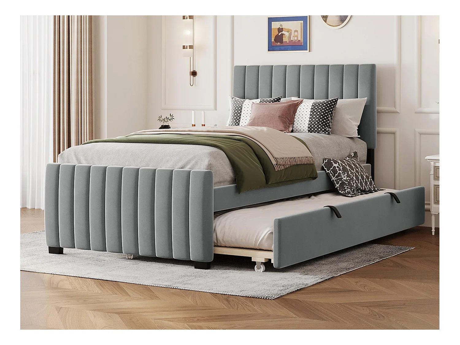 Lit rembourré 90x190cm en velours - avec lit gigogne 90x190cm - Gris