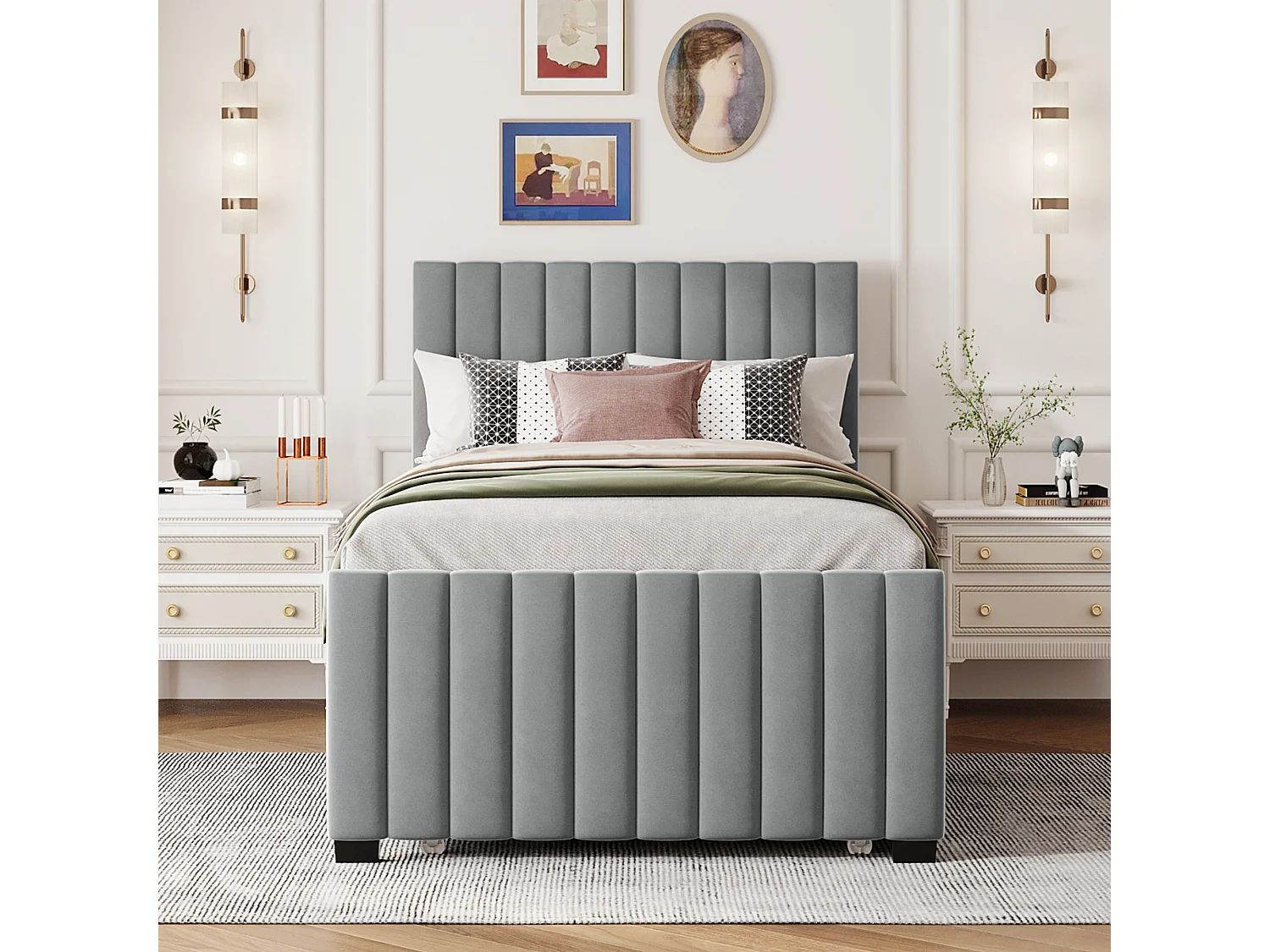 Cama estofada 90x190cm em veludo - com cama individual 90x190cm - Cinza