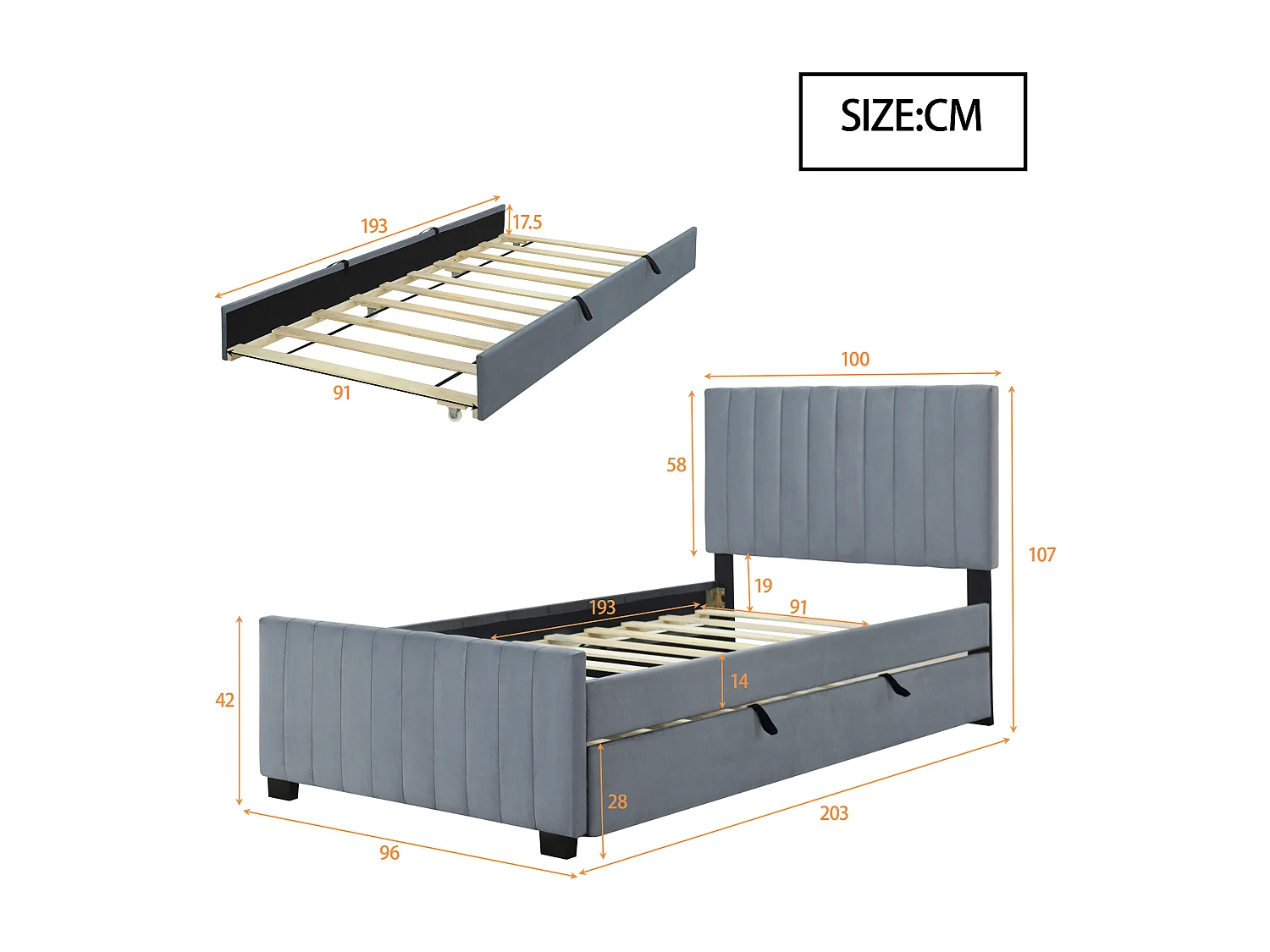 Cama estofada 90x190cm em veludo - com cama individual 90x190cm - Cinza