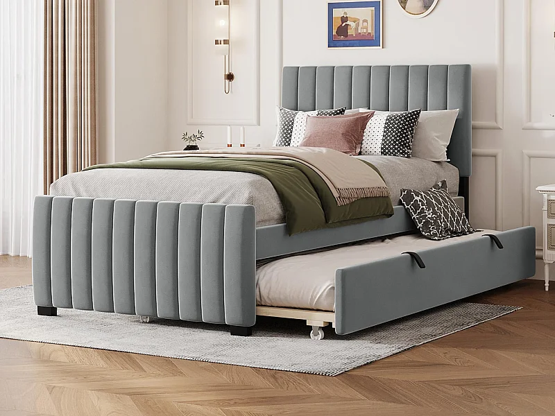 Lit rembourré 90x190cm en velours - avec lit gigogne 90x190cm - Gris