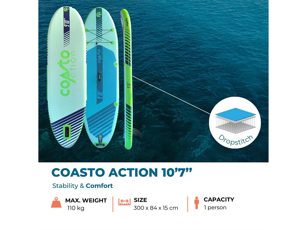 Sup Gonflable All-Round Action 9'10 - 300x84x15cm Dropstitch - Pack Pagaie Leash Pompe Sac de Transport