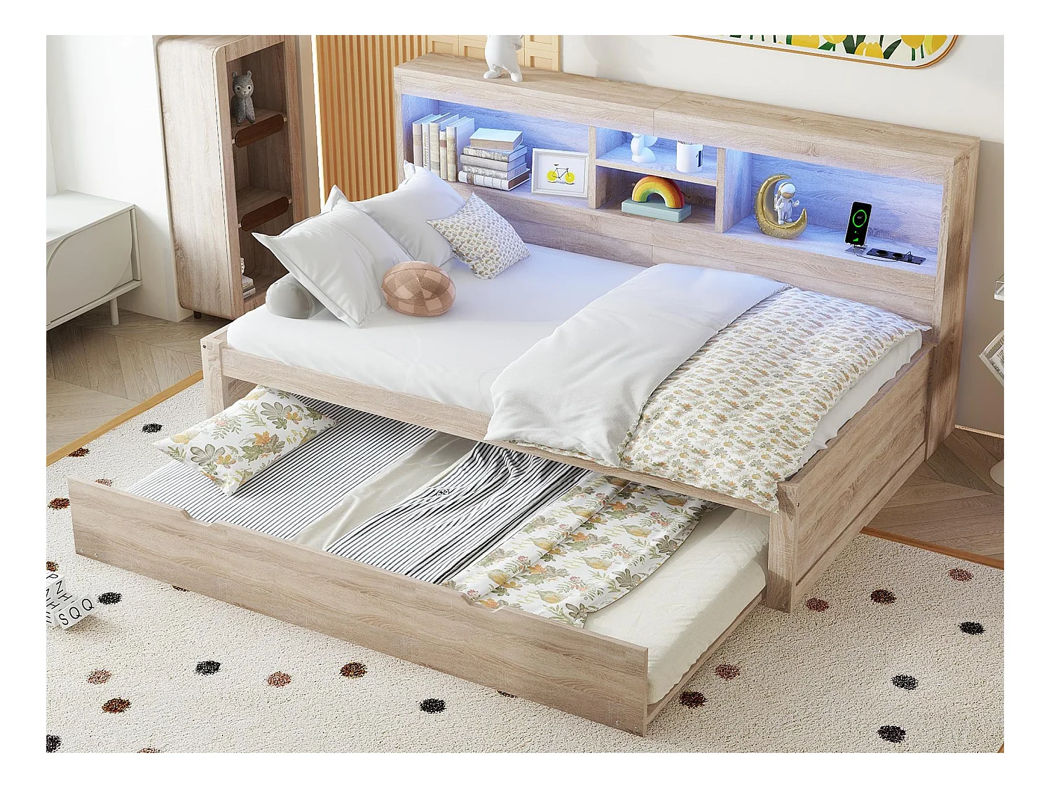 Lit banquette 90x200cm avec un lit gigogne 90x190cm - chevet de rangment avec LED et prises - Natruel