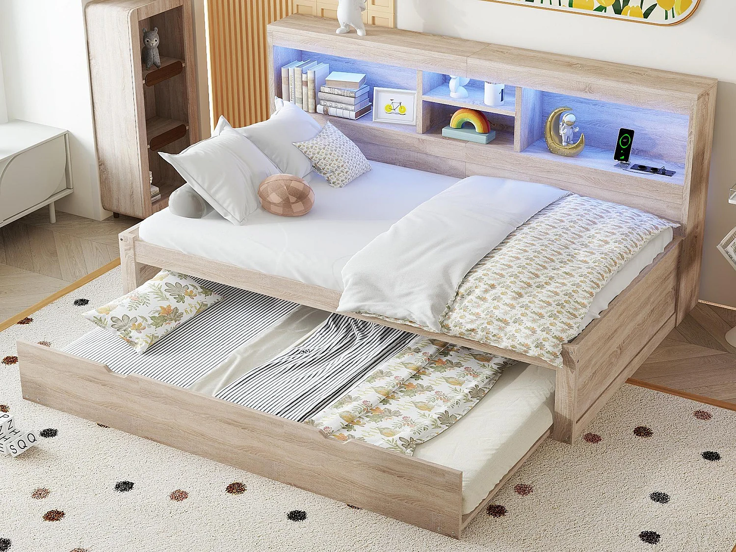 Divano letto 90x200cm con letto estraibile 90x190cm - comodino contenitore con LED e prese - Natruel