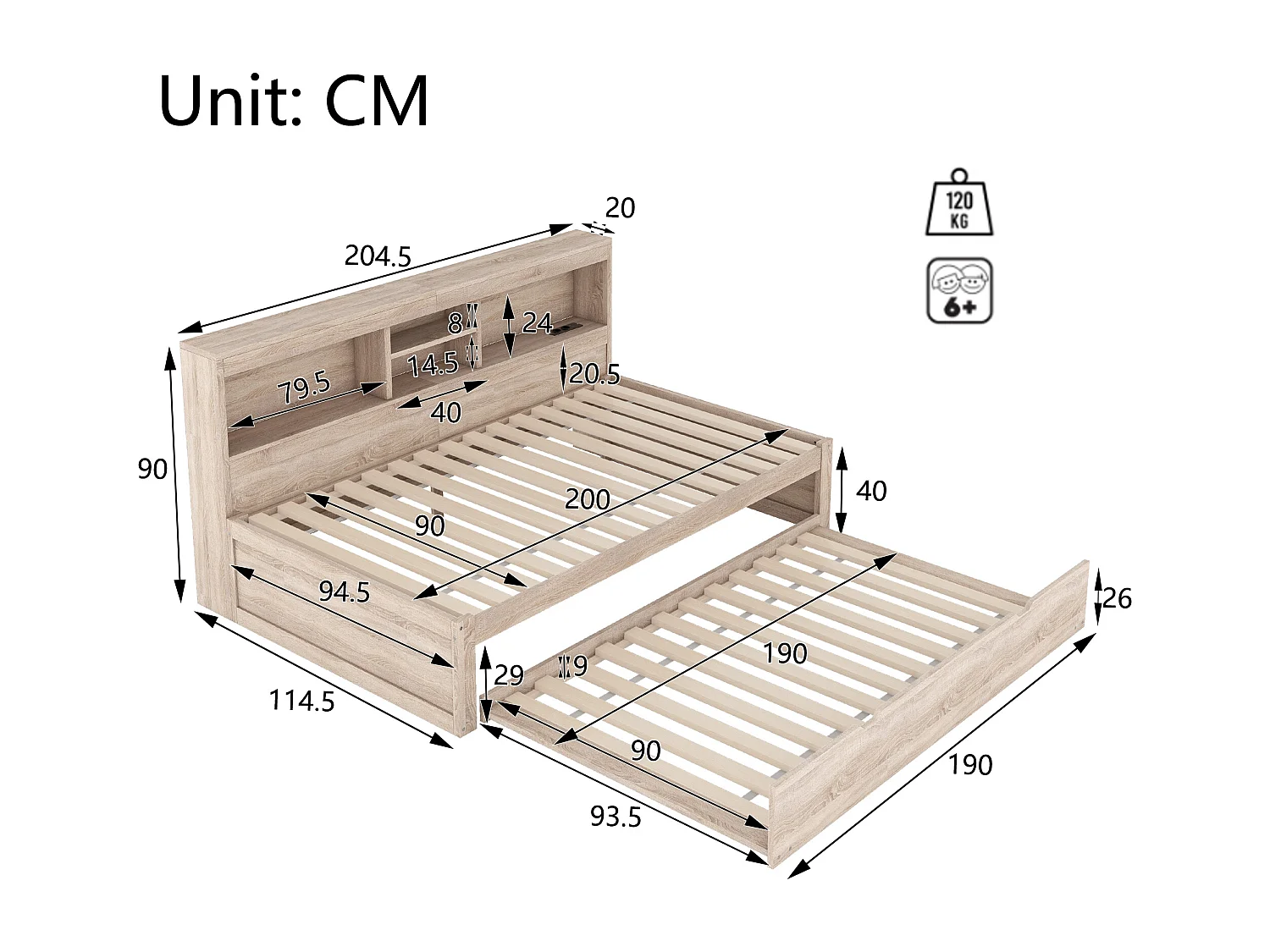 Divano letto 90x200cm con letto estraibile 90x190cm - comodino contenitore con LED e prese - Natruel
