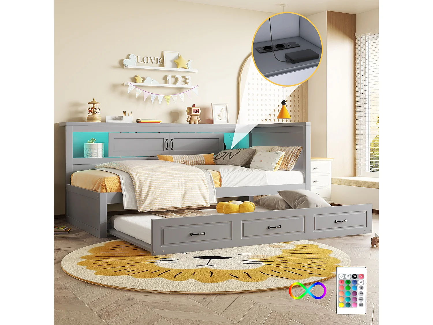 90x200cm Tagesbett mit LED und Steckdosen - mit einem 90x190cm Ausziehbett - Grau