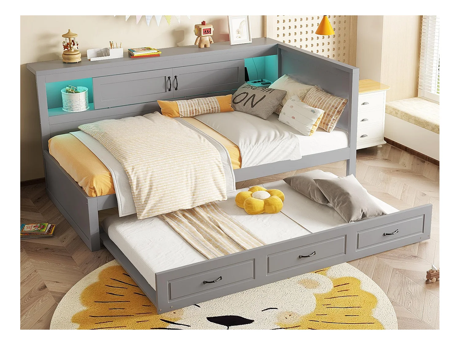 Lit banquette 90x200cm avec LED et prises - avec un lit gigogne 90x190cm - Gris