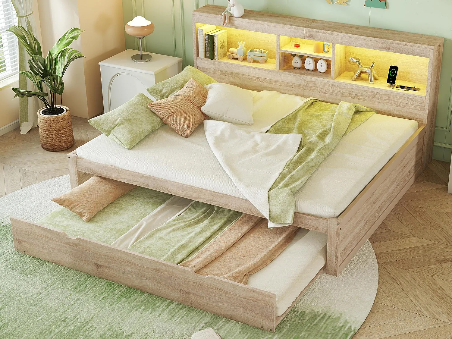 Lit banquette 140x200cm avec un lit gigogne 90x190cm - chevet de rangment avec LED et prises - Natruel