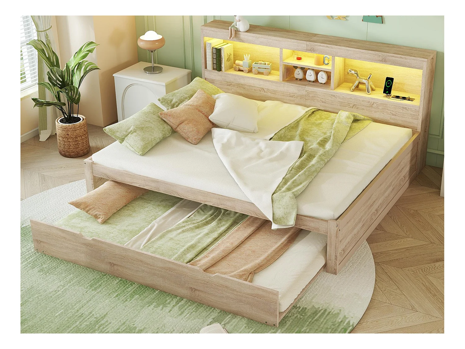 Lit banquette 140x200cm avec un lit gigogne 90x190cm - chevet de rangment avec LED et prises - Natruel