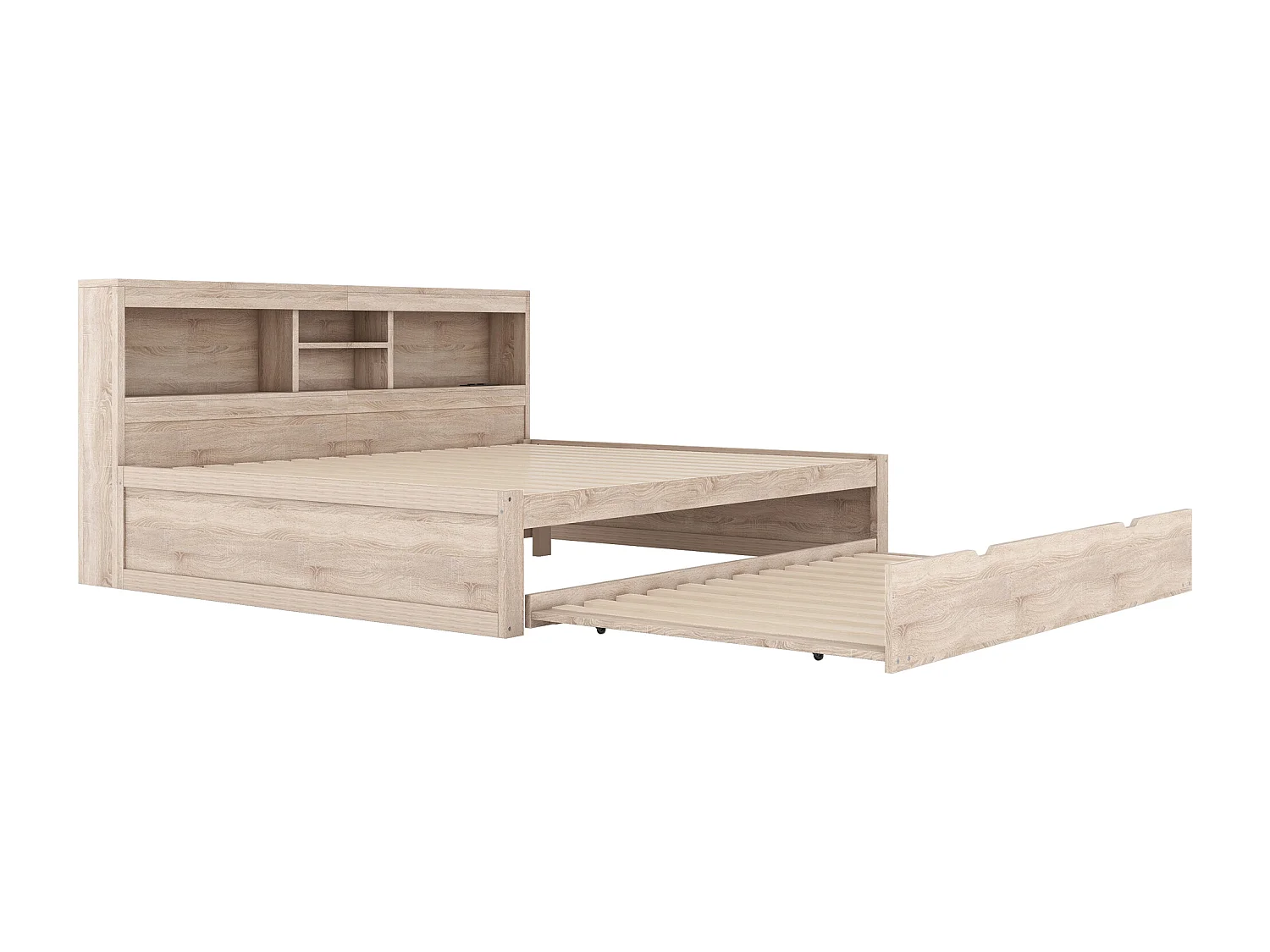 Lit banquette 140x200cm avec un lit gigogne 90x190cm - chevet de rangment avec LED et prises - Natruel