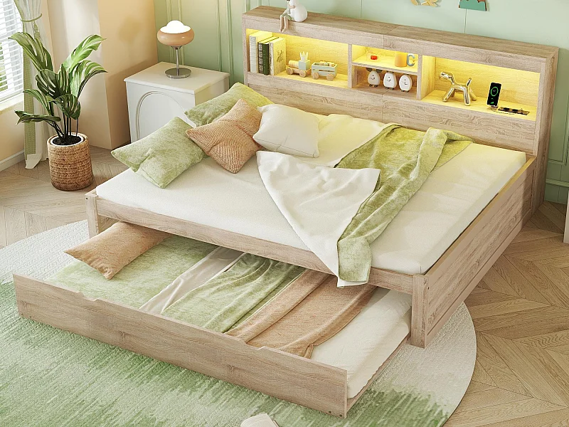 Lit banquette 140x200cm avec un lit gigogne 90x190cm - chevet de rangment avec LED et prises - Natruel