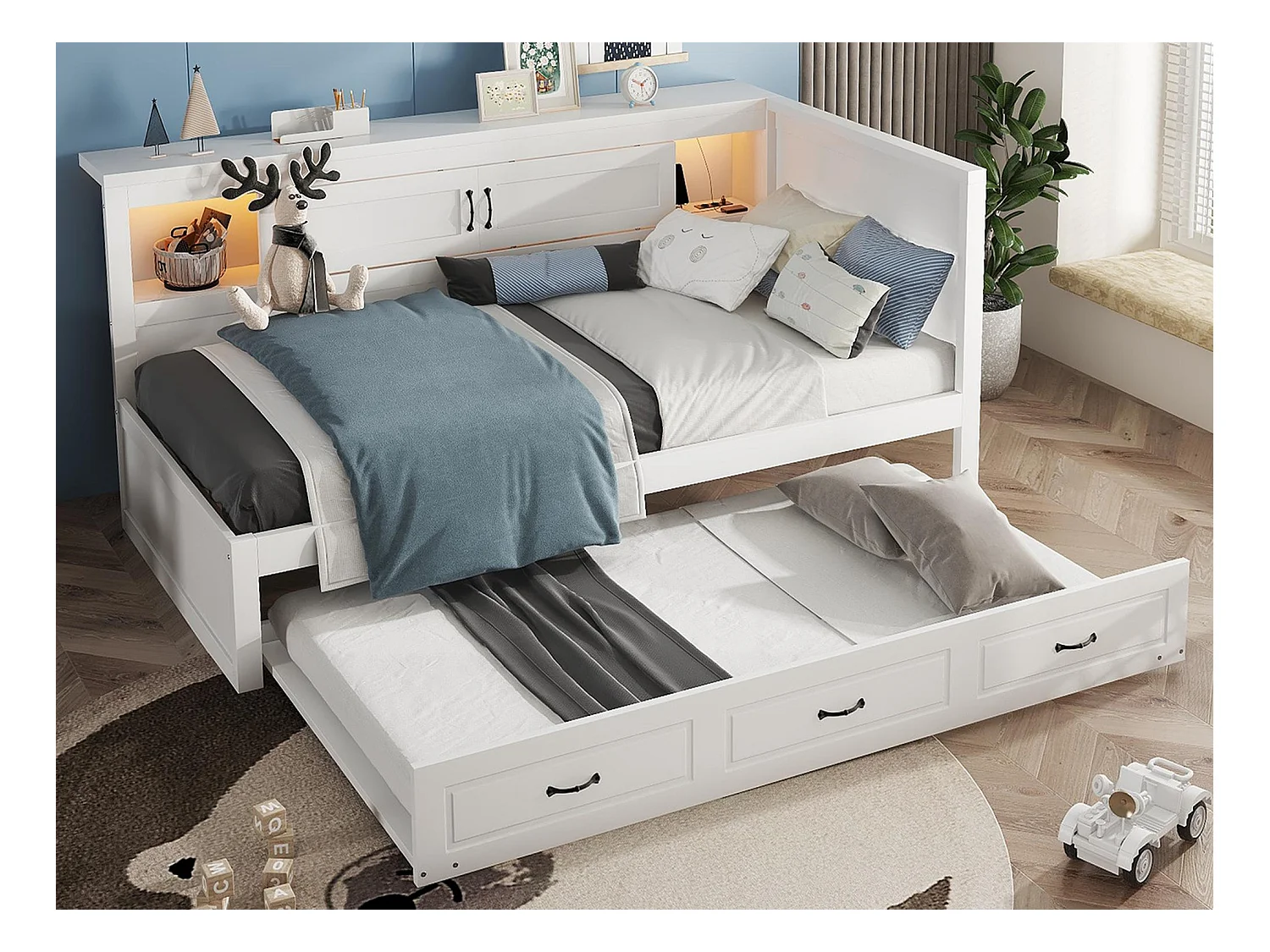 Lit banquette 90x200cm avec LED et prises - avec un lit gigogne 90x190cm - Blanc
