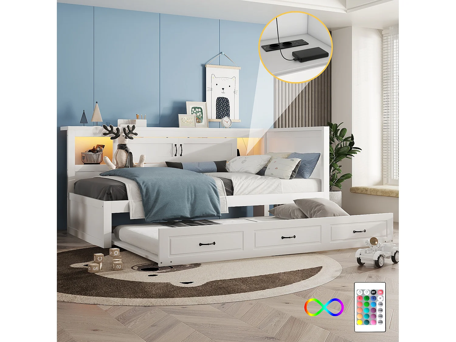 Lit banquette 90x200cm avec LED et prises - avec un lit gigogne 90x190cm - Blanc