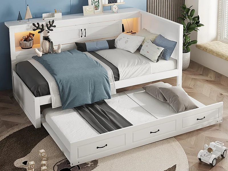 Lit banquette 90x200cm avec LED et prises - avec un lit gigogne 90x190cm - Blanc