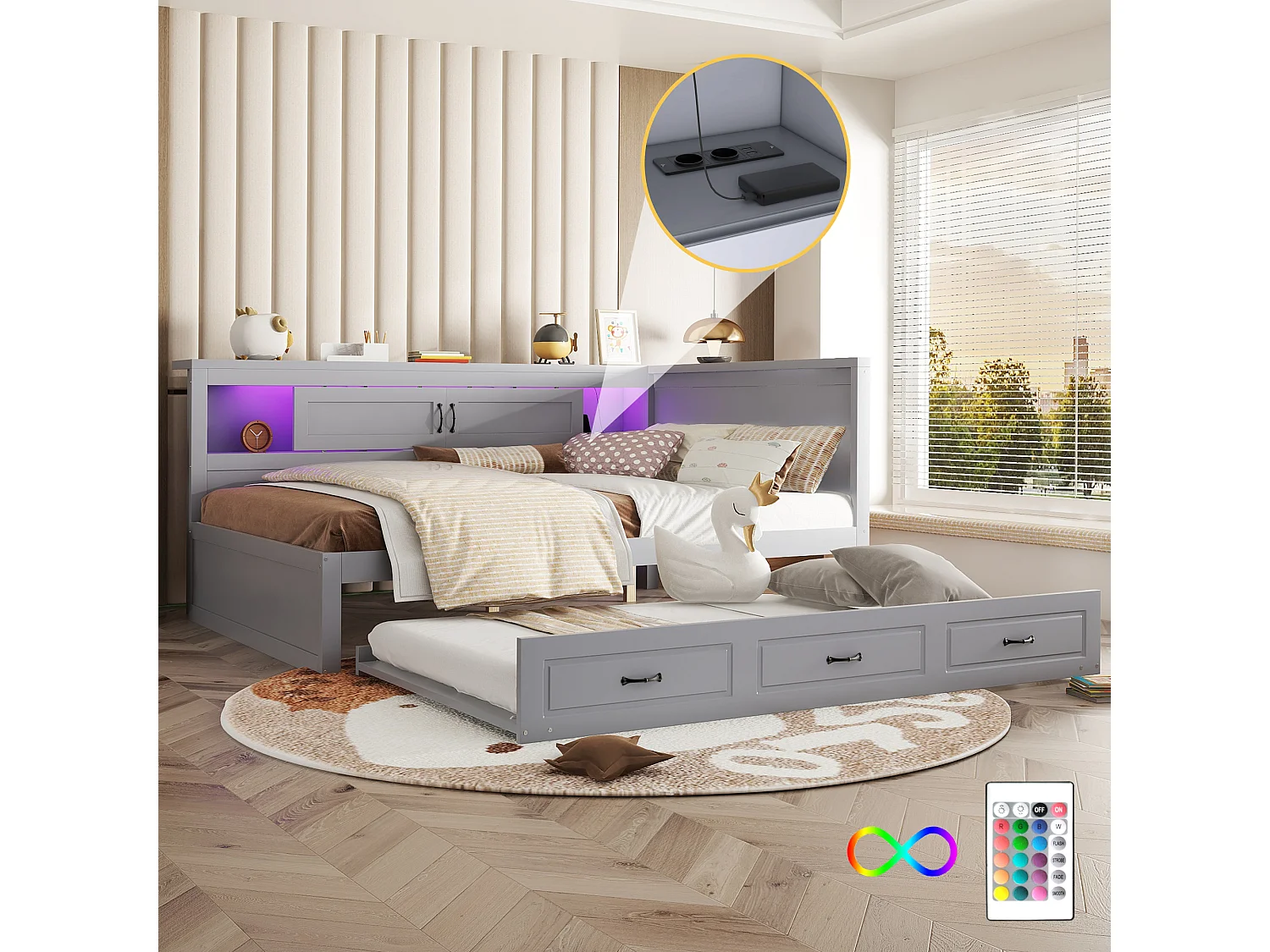 Lit banquette 140x200cm avec LED et prises - avec un lit gigogne 90x190cm - Gris