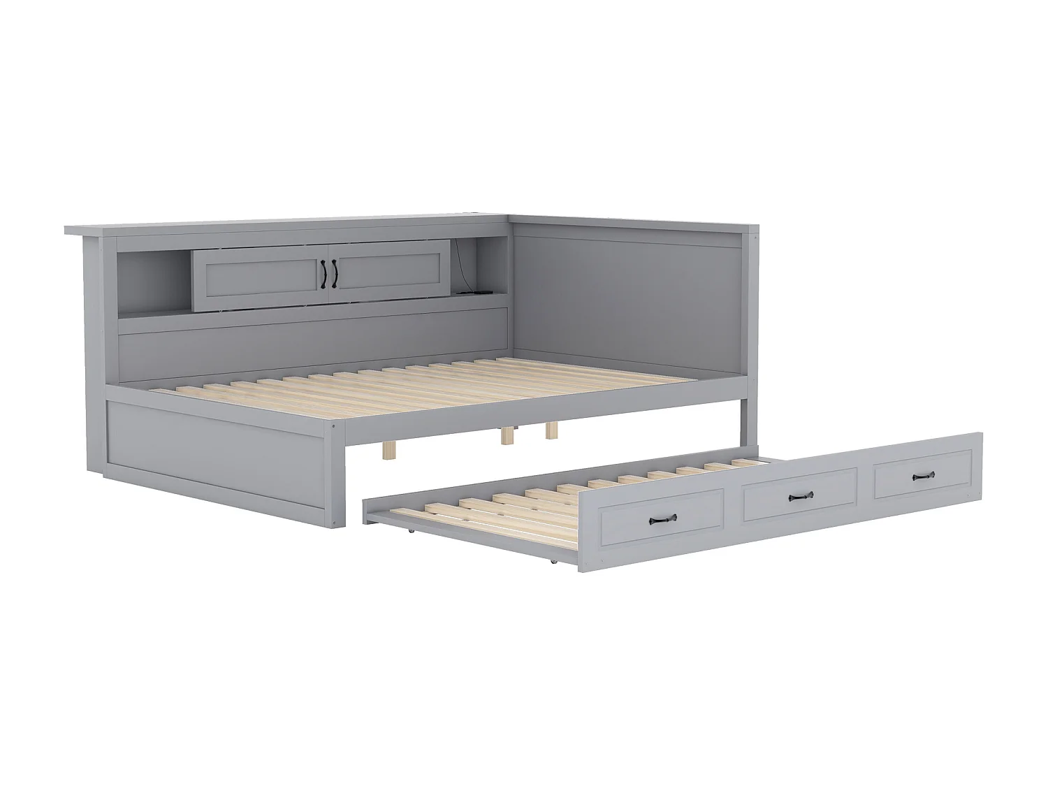 Lit banquette 140x200cm avec LED et prises - avec un lit gigogne 90x190cm - Gris