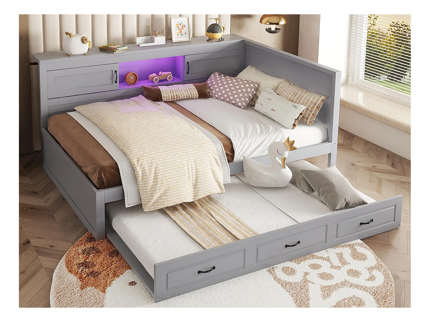 Lit banquette 140x200cm avec LED et prises - avec un lit gigogne 90x190cm - Gris