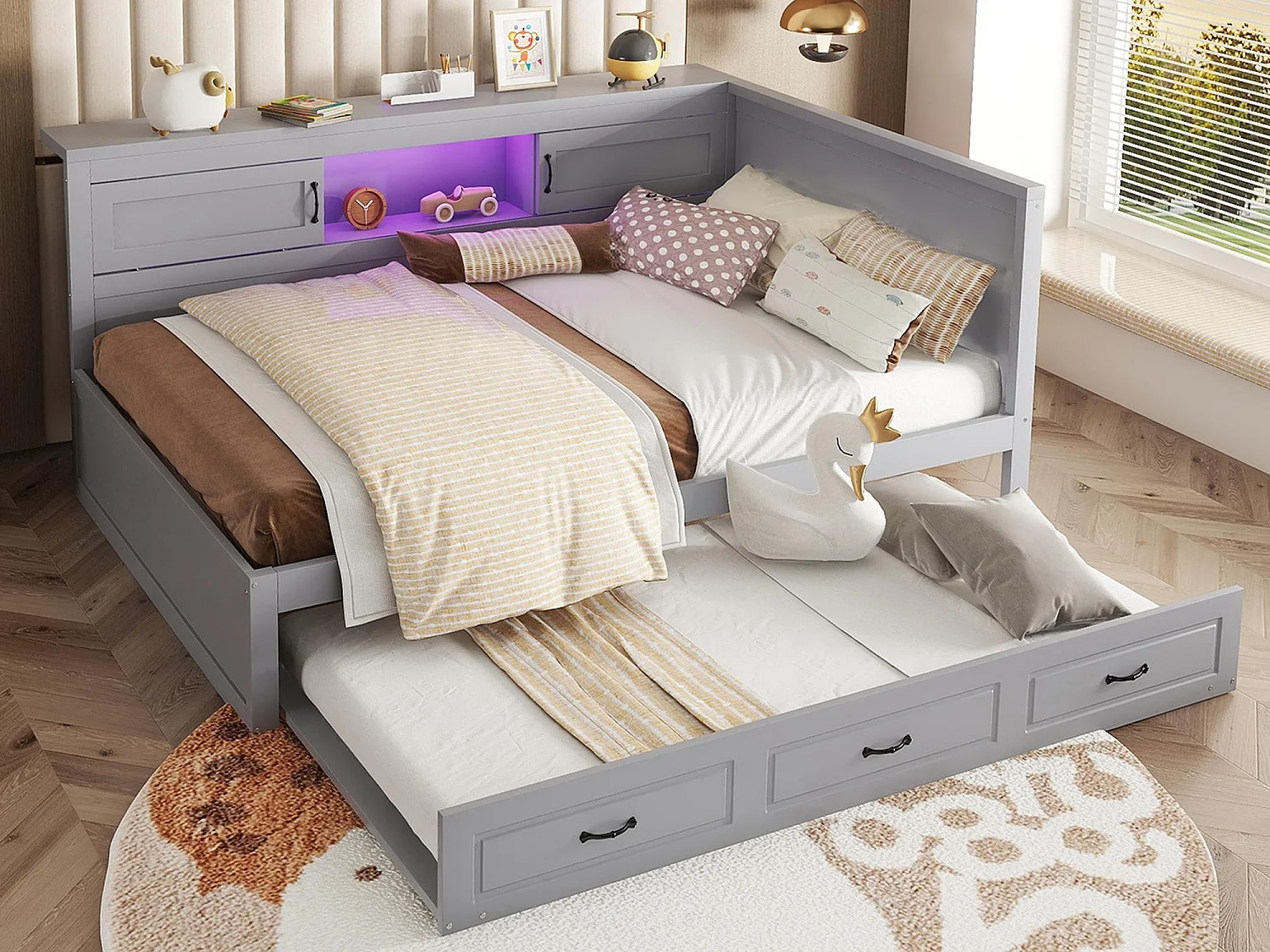 Lit banquette 140x200cm avec LED et prises - avec un lit gigogne 90x190cm - Gris