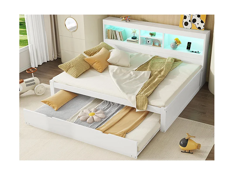 140x200cm Tagesbett mit einem 90x190cm Ausziehbett - Nachttisch mit Stauraum, LED und Steckdosen - Weiß